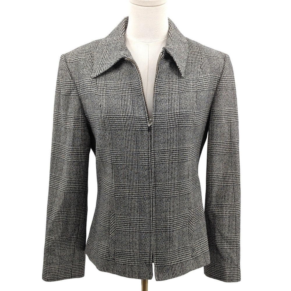Wool Glen Plaid Jacket Black White Zip Front Fitted 90s Minimalist Size 10